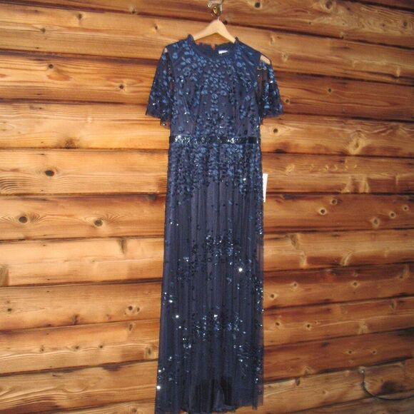 MAC DUGGAL 9192 Sequined High Neck Flutter Sleeve A Line Gown Blue 12 - Picture 7 of 15